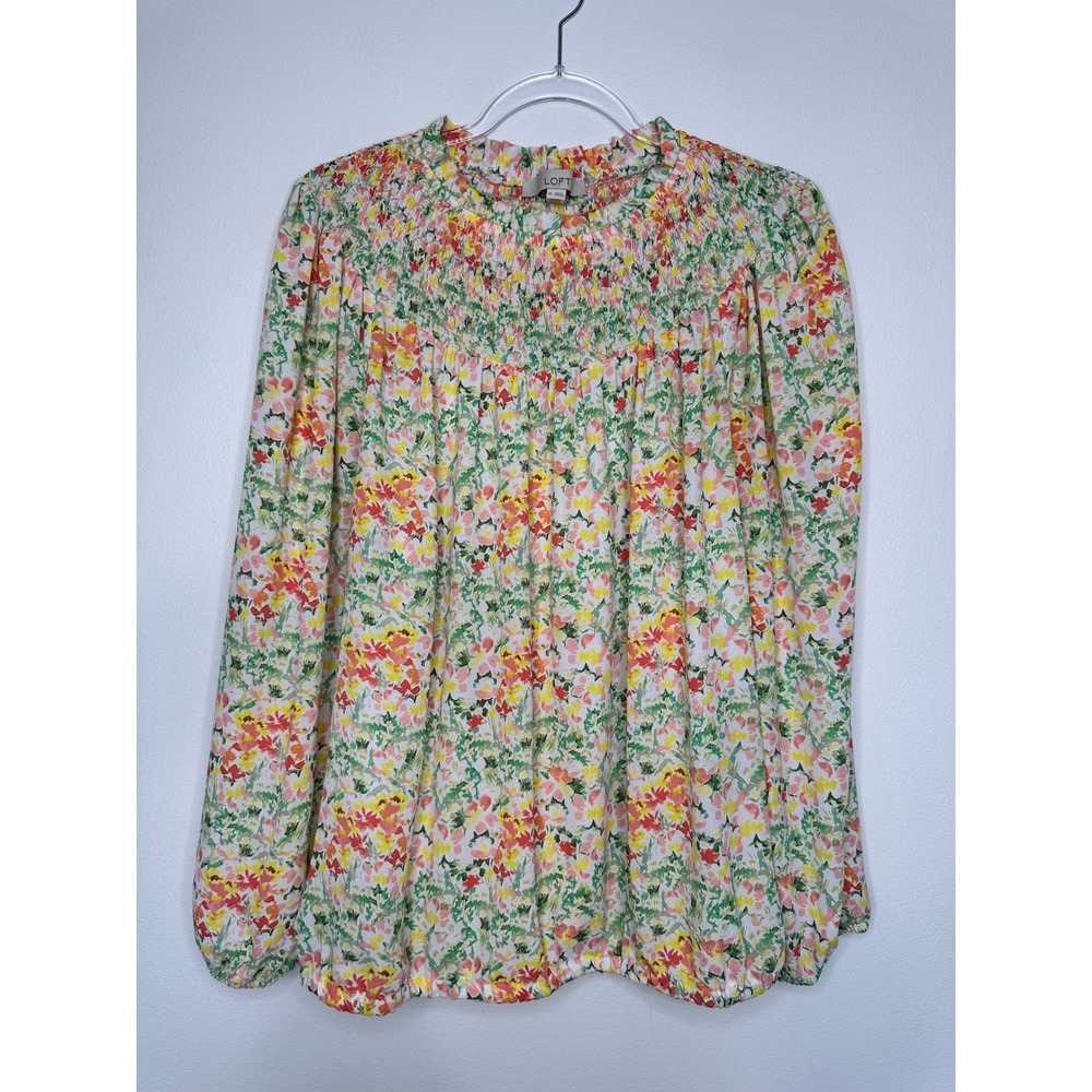 Loft Smocked Neck Long Sleeve Blouse‎ Size XL Floral Multicolored Elastic Hem